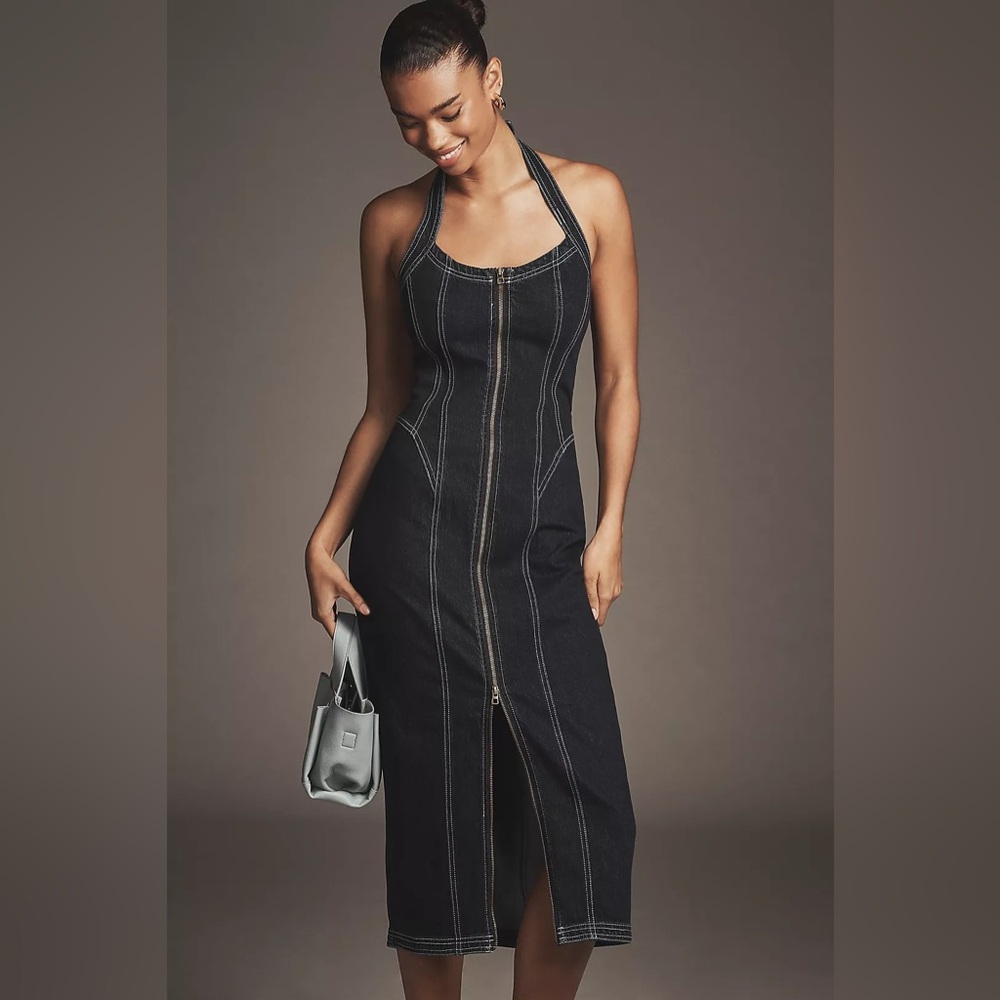 Pilcro Front-Zip Halter Denim Midi Dress